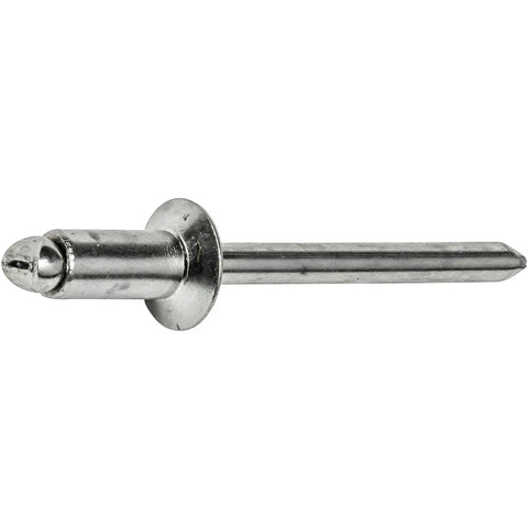 Heavy Duty Aluminum Pop Rivets Featuring Rock Solid Countersunk Heads And Tough Steel Cores For Quick Snug Connections Across Sheet Metal And Wood In A 100 Piece Snag Pack close-up of a rivet with a countersunk head.