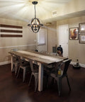 Dining room with Three Light Vintage Pendant Chandelier In Matte Black With Spherical Shades, farmhouse decor