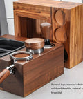 Rock Solid Espresso Knock Box With Detachable Dregs Bin And Anti Slip Base Stainless Steel Tamping Platform No Stress Cleanup Steady Gear For Daily Grind, featuring a wooden design and integrated tamping stand.