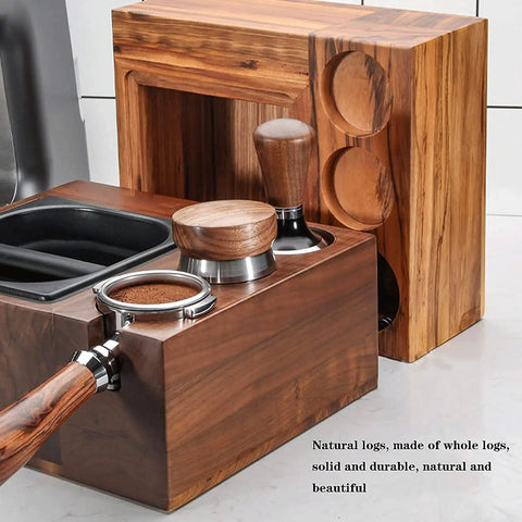 Rock Solid Espresso Knock Box With Detachable Dregs Bin And Anti Slip Base Stainless Steel Tamping Platform No Stress Cleanup Steady Gear For Daily Grind, featuring a wooden design and integrated tamping stand.
