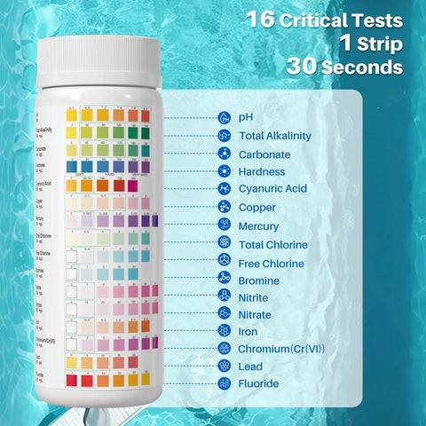 16 In 1 Pool And Spa Water Test Strips 100 Count Super Quick 30 Second Readout for testing parameters and color comparison guide.