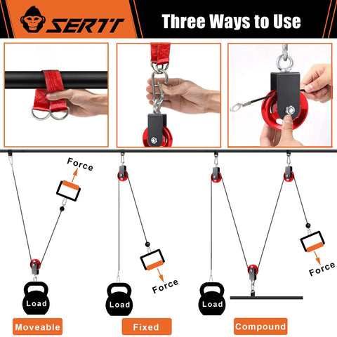 Rock Solid 90mm Aluminum Cable Pulley Wheel For Home Gym Systems Upgrade With 360 Smooth Rotation And Wicked Sturdy Build Handling Heavy Loads Up to 660 Lbs No Skimping On Quality Here, showing three usage methods.
