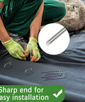 50 Pack 4 Inch Landscape Staples 12 Gauge Galvanized Heavy Duty Ground Stakes Anti Rust Beveled Garden Pins installation close-up