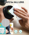 Eyeglass lens cleaning wipes, pre-moistened white sheets, used to wipe a camera lens from a black canister.