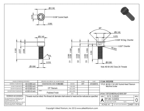 Pack Of Twenty Five Grade 2 Pure Titanium Socket Head Machine Screws Size 2 56 By Quarter Inch UNC Threads technical drawing with dimensions.