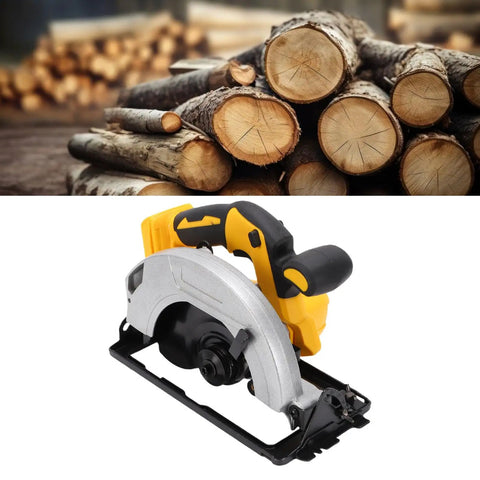 Badass Cordless Circular Saw with 7-1/4 Inch Blade and 5300 RPM Brushless Motor Cuts Hardwood Plywood No Sweat Includes 2 Alloy Steel Blades plus Carry Case for Serious Woodworkers Who Want Power on the Go without any Hassle with logs in background.