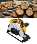 Heavy Duty Cordless Circular Saw With 5300 RPM Brushless Motor And Seven Quarter Inch Blade next to stacked logs for wood cutting.