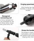 Pop Rivet Gun Adapter Kit for Cordless Drill showing forging spearheads, hexagonal connecting rod, and plastic handle