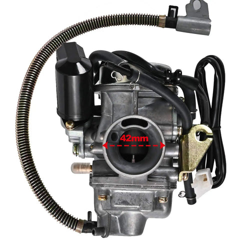 Badass Top Shelf GY6 125CC 150CC Carburetor Kit PD24J with electric choke and intake manifold, 42mm size, perfect for scooters and ATVs.