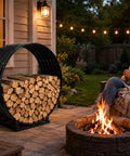 32 Inch Firewood Hoop Rack With Rustproof Cover beside patio fire pit, heavy-duty wood storage stand holds 500 lbs, outdoor scene