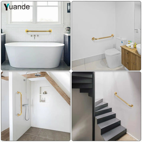 4 Pack 24 Inch Shower Grab Bar Brushed Gold 304 Stainless Steel Heavy Duty Rock Solid Bath Bar 500lb Capacity in various bathroom settings.