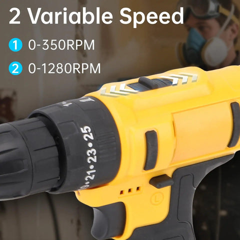 Close-up of Rugged 21V Cordless Drill And 3 In 1 Impact Driver Kit Featuring Straight Shooting Accuracy Up To 1280 Rpm showing variable speed settings.