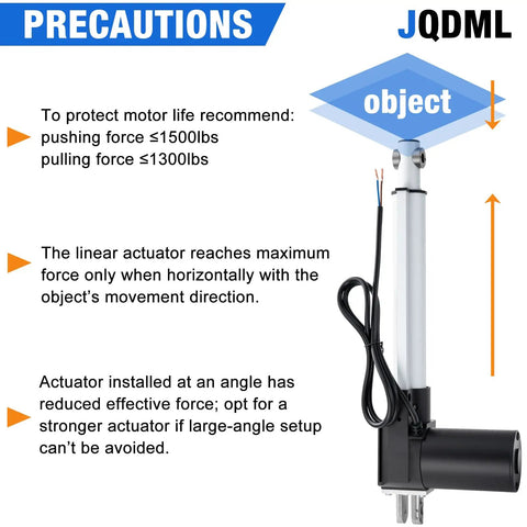 Diagram of Beefy 40 Inch Stroke Linear Actuator with 8000N 1700 Lbs Lift Capacity 12V DC highlighting usage precautions and specifications.
