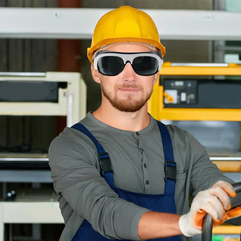 Kickass Welding Safety Glasses With HD Clear Lenses For Grinding And Outdoor Work Featuring Adjustable Nose Pads and Secure Ear Hooks in use.