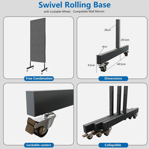 Swivel Rolling Base dimensions with lockable wheels, designed for compatibility with mirrors, detailed image views.