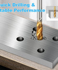 Pro Grade Titanium Coated HSS Spiral Flute Tap Set 9 Piece Metric Taps M2 Through M12 6542 demonstrating threading in metal