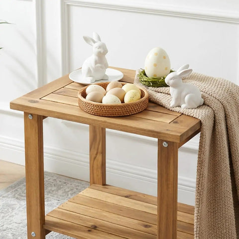 Solid Acacia Wood Side Table With Two Tier Storage For Indoor And Outdoor Use with decor on top