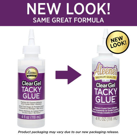 Clear Gel Tacky Glue For Crafts And Slime, 4 Oz Bottle, new packaging design with purple label and yellow quality badge.