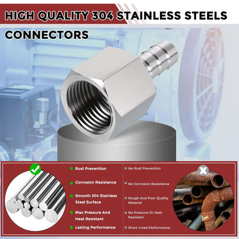 Pack of 2 Stainless Steel Hose Barb Fittings 3/8 Inch to 1/2 Inch NPT Female, corrosion resistant, for garden irrigation