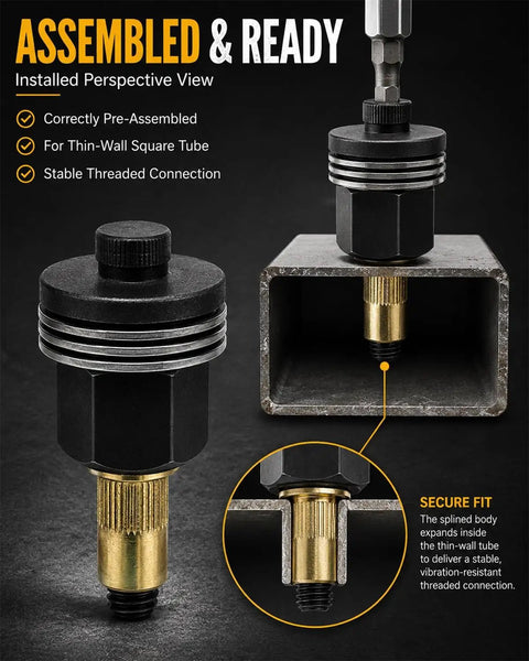 Built Damn Tough M3 Through M12 Rivet Nut Tool Kit showing assembled perspective view of secure threaded connection for thin-wall square tube.