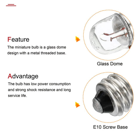 Top Tier E10 Screw Base Miniature Bulbs 12V 5W Warm Yellow Glow 15 Pack with glass dome and metal screw base close-up.