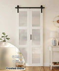 Slick Glide Double Bifold Barn Door With Complete Hardware Kit Eases Through Tight Squeezes As Interior Room Divider with frosted glass panels.