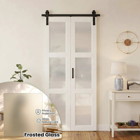 Slick Glide Double Bifold Barn Door With Complete Hardware Kit Eases Through Tight Squeezes As Interior Room Divider with frosted glass panels.