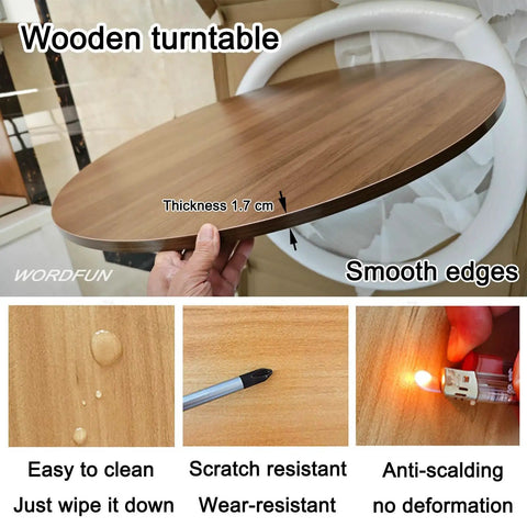 Solid 39 Inch Round Wooden Lazy Susan Rotating Serving Tray With Smooth Swivel Base And Super Grippy Non Slip Bottom, showing thickness and smooth edges.