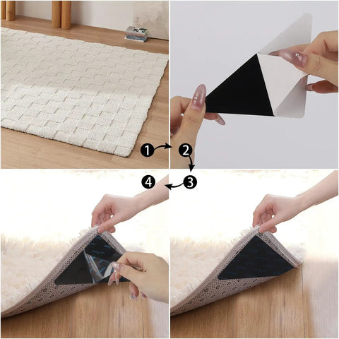 Applying 25 Pieces Non Slip Rug Tape Set With Triangular Grippers for Hardwood Floors to secure rug and keep corners flat on wood floors.