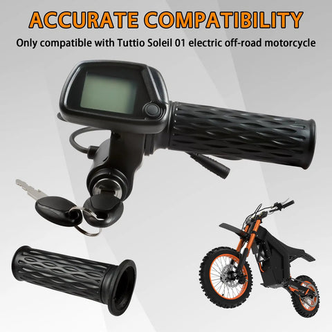 48V Throttle And LCD Speedometer Display For Electric Dirt Bike Without M Button, shown with keys and grip handle