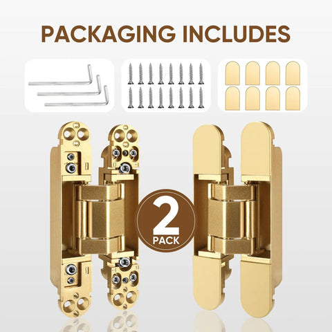 Heavy Duty Six Inch Hidden Door Hinges Two Pack Three Way Adjustable Invisible Concealed Hardware With Sleek Gold Finish, screws and tools included.