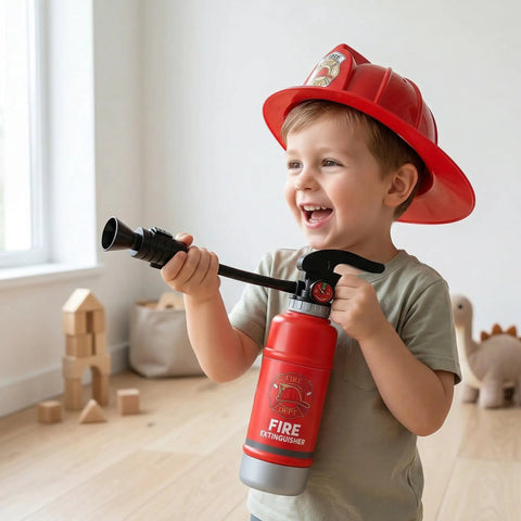 Realistic Water Squirt Fire Extinguisher Toy For Kids Pretend Play Durable Plastic Summer Poolside Splash, child in firefighter hat holding toy.