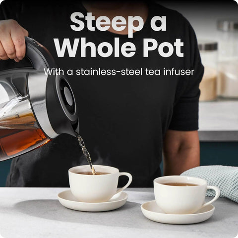 Person pouring tea from Electric Kettle With Temperature Control And Removable Infuser, Glass 1.8L, 5 Presets, Fast Boil