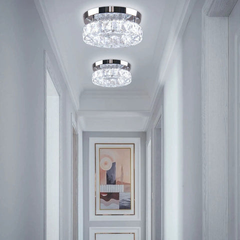 Crystal Flush Mount Ceiling Light With Oversized 30x50 mm K9 Crystals And Stainless Steel Finish LED Round Mini Chandelier in hallway.