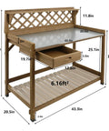 Outdoor Fir Wood Potting Bench With Metal Table Top Drawer Large Bottom Shelf And Open Shelf Garden Work Station, dimensions shown