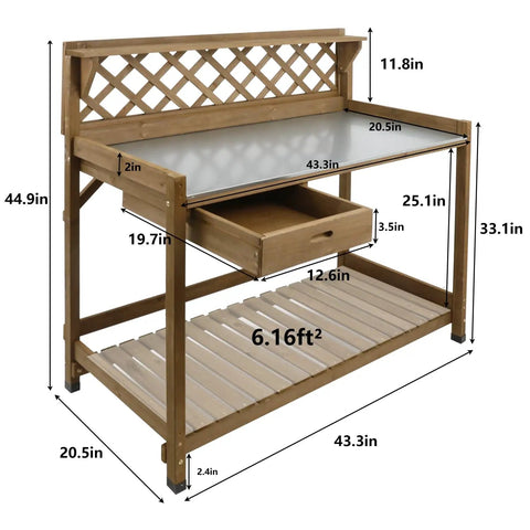 Outdoor Fir Wood Potting Bench With Metal Table Top Drawer Large Bottom Shelf And Open Shelf Garden Work Station, dimensions shown