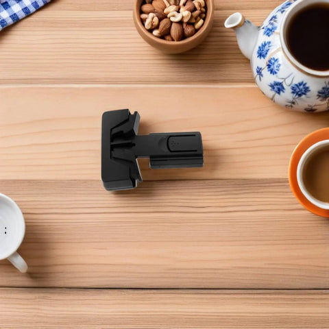 4 Pack Quick Install Childproof Refrigerator Locks, ABS plastic lock on wooden table, surrounded by coffee and nuts, safe home solution