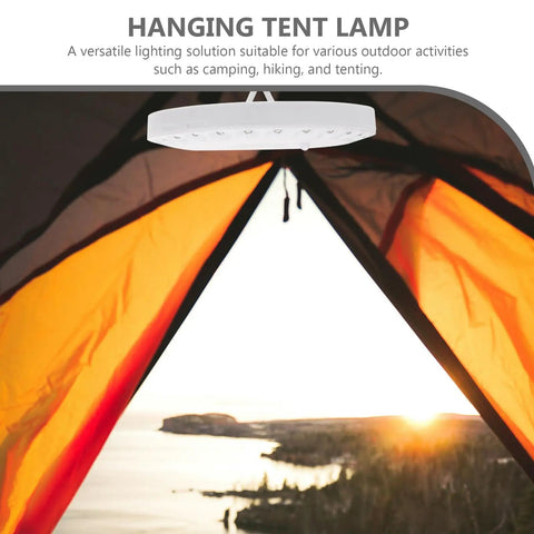 LED Camping Lantern Round Waterproof Portable Tent Light for Hiking and Emergencies under an orange tent during sunset