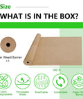 Heavy Duty Biodegradable Paper Weed Barrier 4 X 100 Ft Landscape Fabric Rolls for garden beds and lawns shown on green background.