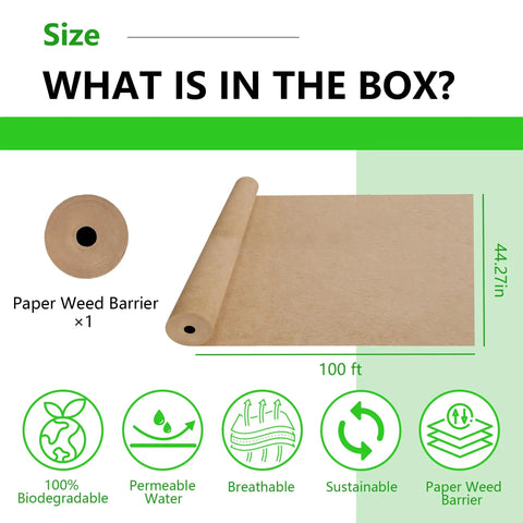 Heavy Duty Biodegradable Paper Weed Barrier 4 X 100 Ft Landscape Fabric Rolls for garden beds and lawns shown on green background.