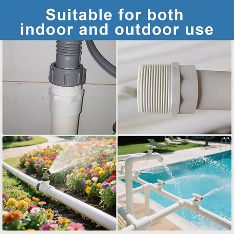 Two Pack One And A Half Inch PVC Male Thread Fittings With Slip Socket Two Way Pipe Couplers in use for irrigation and pool systems