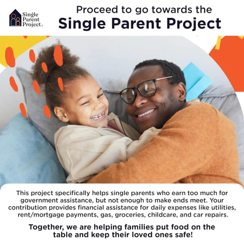 Smiling adult and child embracing on sofa with Single Parent Project information text overlay.