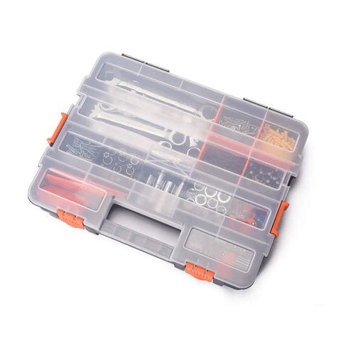 Interlocking Black Tool Box Organizer With Removable Dividers Beefy Durable Plastic Small Parts Box For Fasteners And Crafts 2 Pack 20 Removable Dividers 14 Fixed Sections Heavy Duty Construction close-up view with transparent lid showing organized contents.