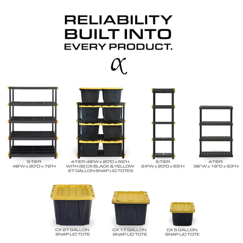 Heavy Duty Five Tier Plastic Storage Shelves For Garage Organization Rust Resistant Black Shelving Unit Handles One Hundred Fifty Pounds Per Bay Solid Two Pack displayed in multiple configurations with various totes.