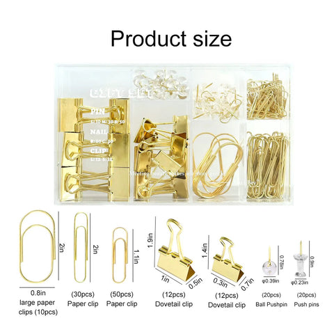 Gold Paper Clips And Binder Clips Set 154 Pcs with clear push pins in organizer, various sizes showing jumbo to small clips