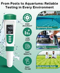 5 In 1 Digital PH Meter With Voice Function For Easy Water Quality Testing Including PH TDS EC Salinity And Temperature Waterproof Rechargeable Pen Built For Pools Aquariums Hydroponics And More showing use in pools, fish tanks, and hydroponics setup. Displays high accuracy, low cost, fast results, easy use features.