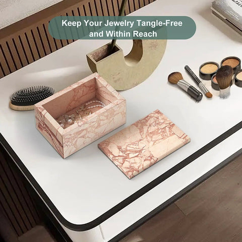 Natural Marble Storage Box With Lid Pink Rectangular Stone Organizer on vanity table with jewelry and makeup items