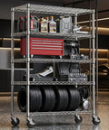 Tough As Nails Five Tier Chrome Wire Shelving Rack With Locking Casters And Nsf Certification For Kitchen Garage Or Home Office Storage Up To Three Hundred Fifty Pounds Per Shelf with tools and tires.