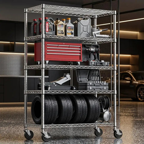 Tough As Nails Five Tier Chrome Wire Shelving Rack With Locking Casters And Nsf Certification For Kitchen Garage Or Home Office Storage Up To Three Hundred Fifty Pounds Per Shelf with tools and tires.