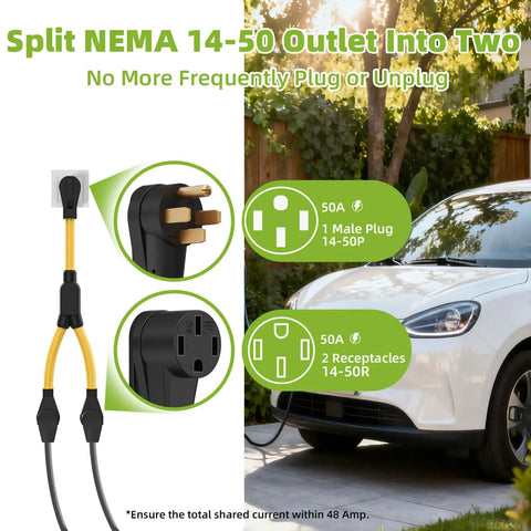 Heavy Duty 50 Amp NEMA 14-50 Y Splitter Adapter Turns One Plug Into Dual RV EV Generator Outlets 50A male plug and dual receptacles.